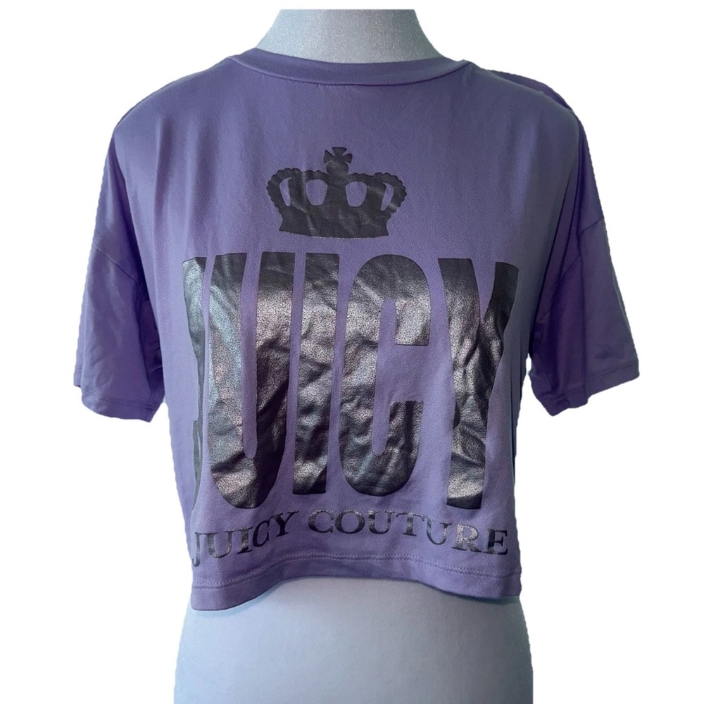 Juicy Couture Cropped Y2K Logo Shirt Purple Metallic Crown Logo Size XS